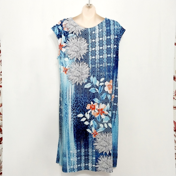 🔵BOGO FREE🔵 Chico's Dress Blue Floral Sz 2 (L) - Picture 3 of 4